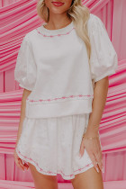 White Contrast Bow Trim Pearl Puff Sleeve Blouse and Skort 2pcs Set