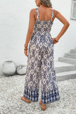 Blue Boho Geometric Print Shirred High Waist Wide Leg Jumpsuit