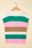 Multicolour Plus Size Striped Colorblock V Neck Short Sleeve Sweater