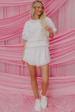 White Contrast Bow Trim Pearl Puff Sleeve Blouse and Skort 2pcs Set