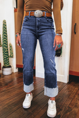 Real Teal Folded Cuffs Distressed Straight High Waist Jeans