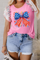 Bonbon Independence Celebration Bowknot Graphic Ruffled Sleeve Ribbed Summer Top