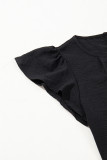 Black Flounce Sleeve Pleated Textured Blouse