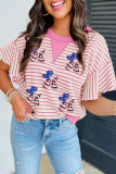 Sachet Pink Striped Sequin USA Flag Inspire Balloon Dog Patched  Ruffled Short Sleeve Top