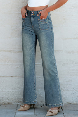 Sky Blue Double Button Patch Pocket Flare Leg Jeans