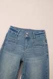 Sky Blue Double Button Patch Pocket Flare Leg Jeans
