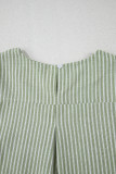 Green Stripe Textured Round Neck Short Puff Sleeve Blouse