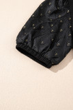Black Feather Bubble Sleeve Patchwork Textured Blouse