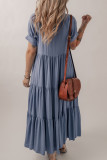 Ashleigh Blue Hidden Buttons Short Sleeve Ruffle Tiered Long Flared Dress