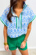 Sky Blue Western Print Zipped Collar Short Sleeve Summer Blouse Top