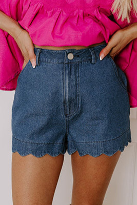 Sail Blue Scalloped Hemline Acid Wash High Waist Denim Shorts