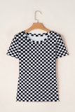 Black Checkered Ribbed Slim Fit Crew Neck T Shirt