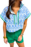 Sky Blue Western Print Zipped Collar Short Sleeve Summer Blouse Top