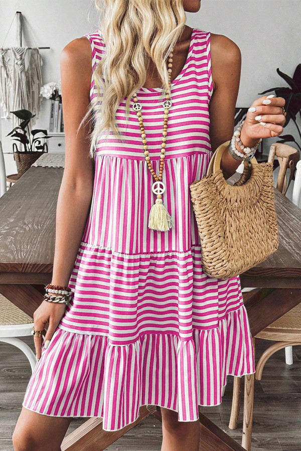 Rose Stripe U Neck Sleeveless Loose Fit Mini Dress