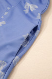 Sky Blue Bow Knot Print Crewneck Ruffled Sleeve Shift Mini Dress