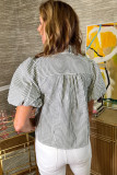 Black Striped Ruffle Short Bubble Sleeve Shirt