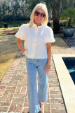 White Striped Ruffle Short Bubble Sleeve Shirt
