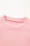 Light Pink Pearl Beaded Ruffle Short Sleeve Patchwork Ribbed Blouse