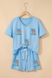 Myosotis Patriotic Sequin Boots Patched V Neck Tee Loose 2pcs Short Set
