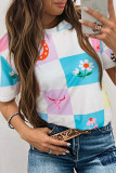 Sky Blue Western Fashion Checker Print Crewneck T Shirt