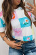 Sky Blue Western Fashion Checker Print Crewneck T Shirt