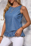 Sky Blue Ruffle Hem Sleeveless Denim Top