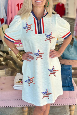 White July 4th Sequined USA Flag Star Patched Textured Collared T Shirt Dress