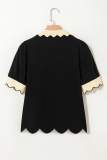 Black Contrast Scalloped Collar Cuffs Rodeo Patched Graphic Short Sleeve Top