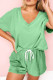 Mint Green Plus Size V Neck Tee Patched Pocket Drawstring Shorts Set