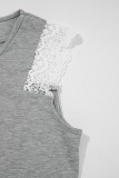 Gray Lace Patchwork Criss Cross V Neck Tank Top
