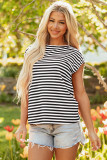 Black Stripe Ribbed Cap Sleeve Round Neck T Shirt