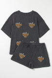 Carbon Grey Sequin Heifer Patched 2pcs Twisted Ribbed Casual Short Set