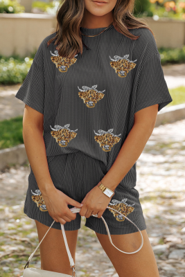 Carbon Grey Sequin Heifer Patched 2pcs Twisted Ribbed Casual Short Set