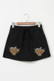 Black Sequin Heifer Patched French Terry Drawstring Skort