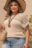 Oatmeal Lace Patchwork Waffle Short Sleeve Plus Size Top