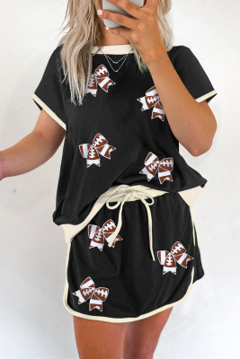Black Sequin Rugby Football Bow Patched Colorblock Edge Tee and Skort Set