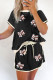 Black Sequin Rugby Football Bow Patched Colorblock Edge Tee and Skort Set