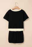Black Sequin Rugby Football Bow Patched Colorblock Edge Tee and Skort Set