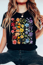 Black Beautiful Flower Print Cotton Blend Casual Tee