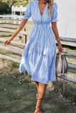 Sky Blue Stripe Button Tassel Tie Detail Frilled Short Sleeve Flared Midi Dress
