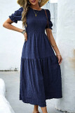 Sail Blue Solid Textured Smocked Puff Short Sleeve High Waist Long Dress