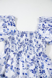 Sky Blue Floral Print Square Neck Bubble Sleeve High Waist Maxi Dress