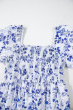 Sky Blue Floral Print Square Neck Bubble Sleeve High Waist Maxi Dress