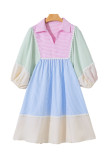 Multicolour Striped Patchwork Ric Rac Puff Sleeve Collared Mini Dress