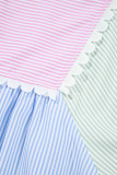 Multicolour Striped Patchwork Ric Rac Puff Sleeve Collared Mini Dress