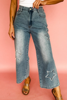 Stone Blue Star Patchwork Cropped Wide Leg High Waist Jeans