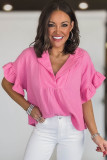 Sachet Pink Textured Ruffled Sleeve Collared V Neck Loose Fit Top