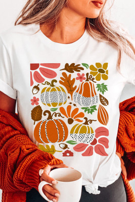 White Pumpkin Flower Print Fall Graphic Cotton Blend Tee