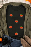 Black Chenille Pumpkin Patched Casual Cotton Blend T Shirt