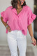 Sachet Pink Textured Ruffled Sleeve Collared V Neck Loose Fit Top